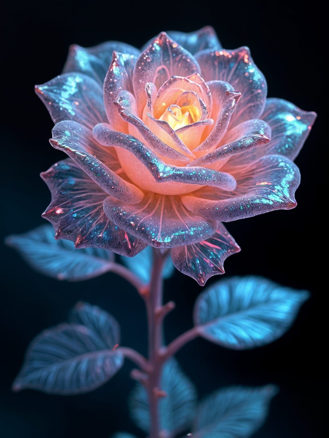 Bioluminescent Iridescent Glass Rose: Hyperrealistic CGI Art