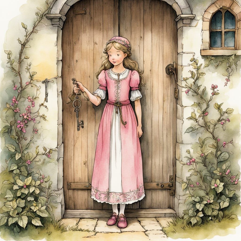 Girl with Key: Medieval Storybook Illustration