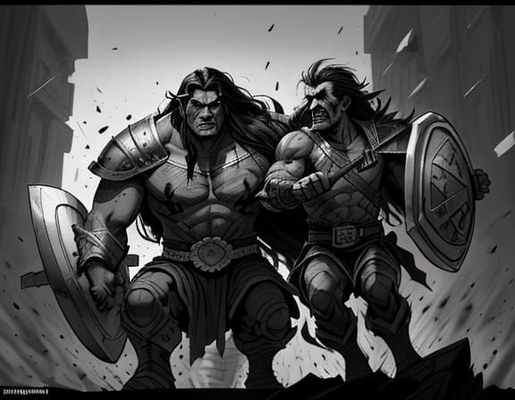 Medieval Fantasy Barbarian in Combat with an Orc in Comic St...