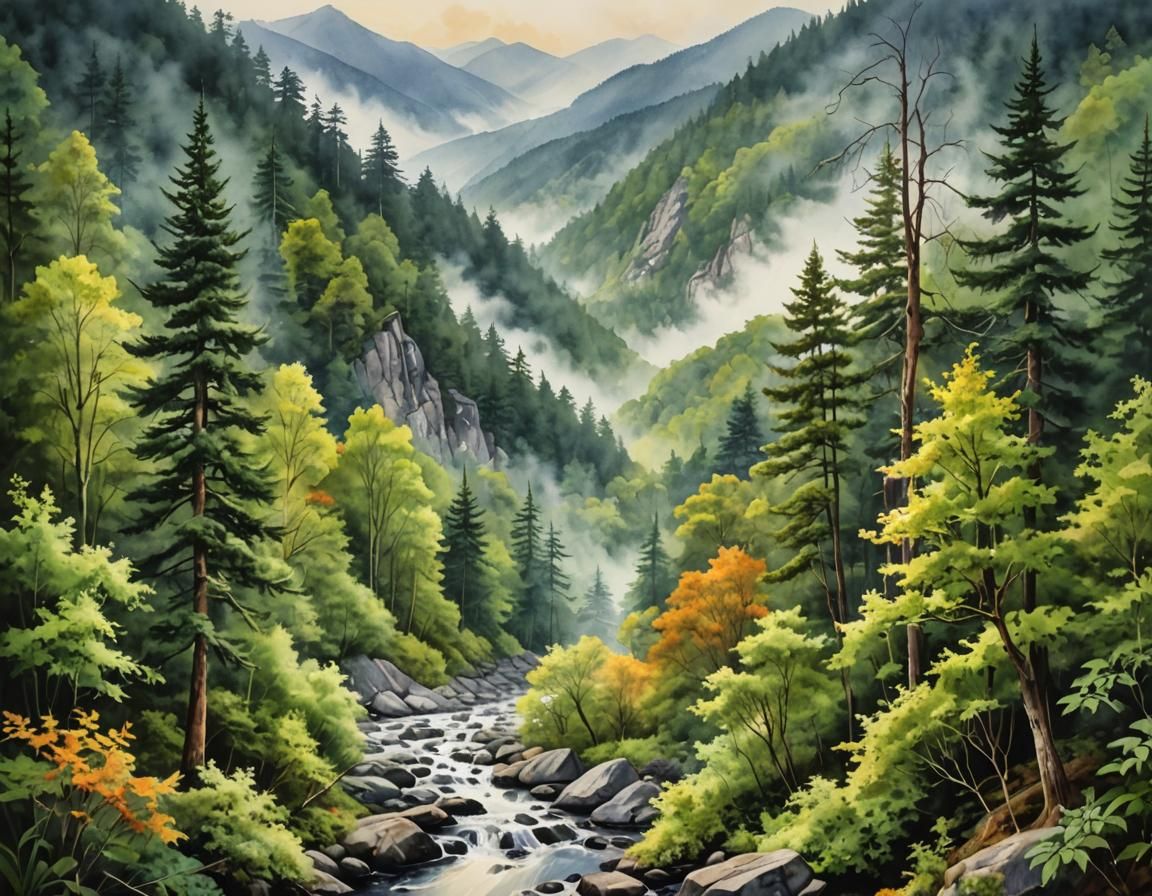 Smokey Mountains in Dreamy Romantic Watercolor