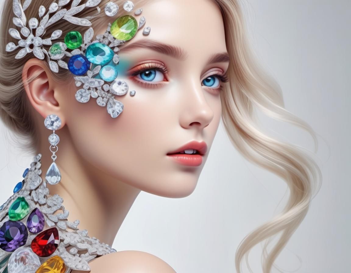 Blonde Girl in Multicolored Swarovski Crystal Landscape