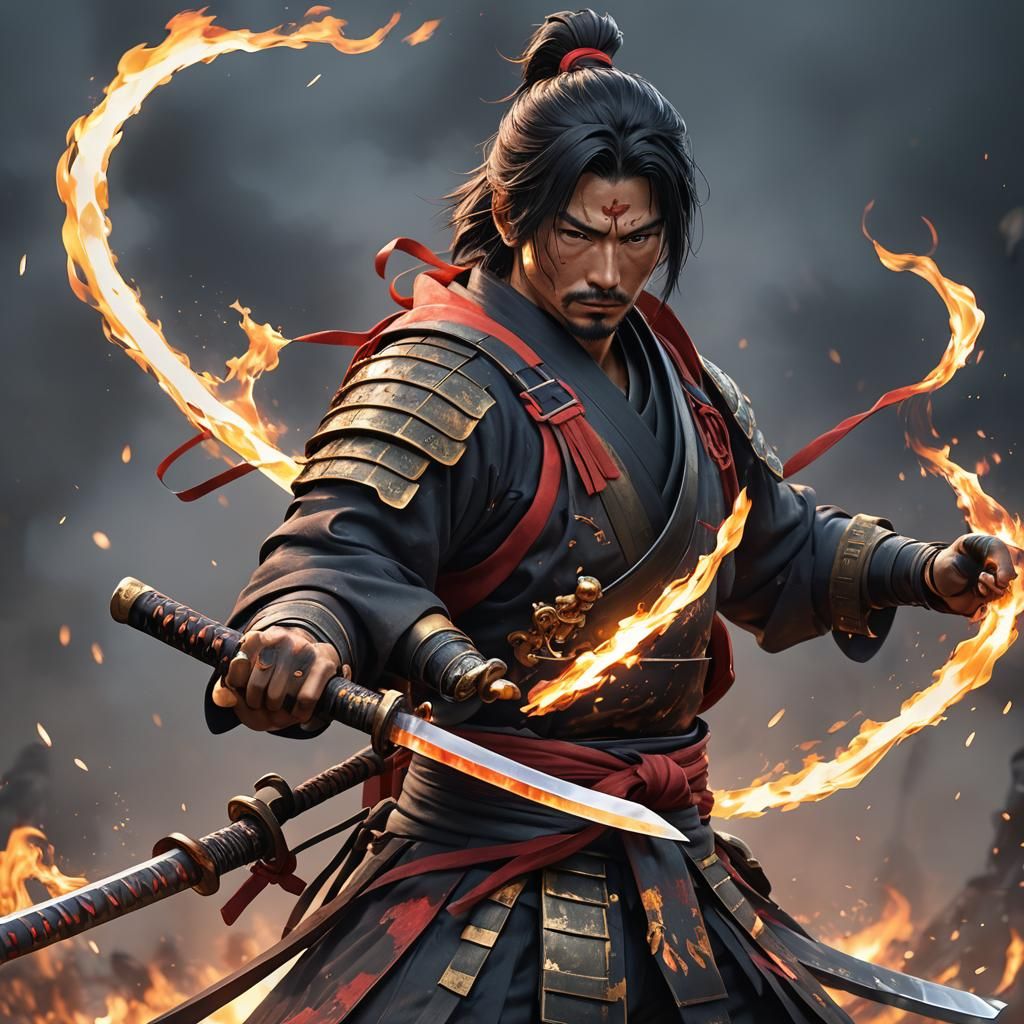 Fiery Katana Warrior: Anime-Inspired 3D Art