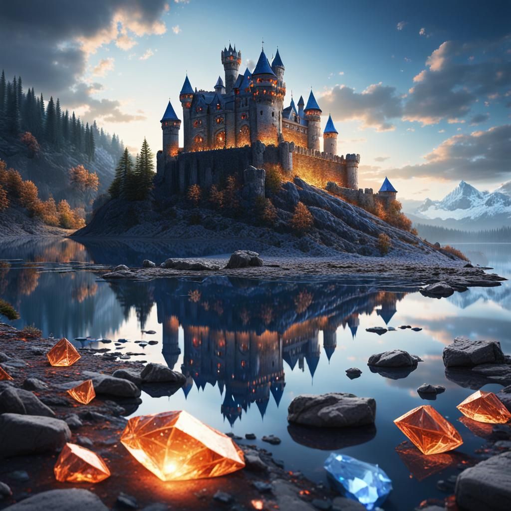 Medieval Castle with Crystals on Lake Shore