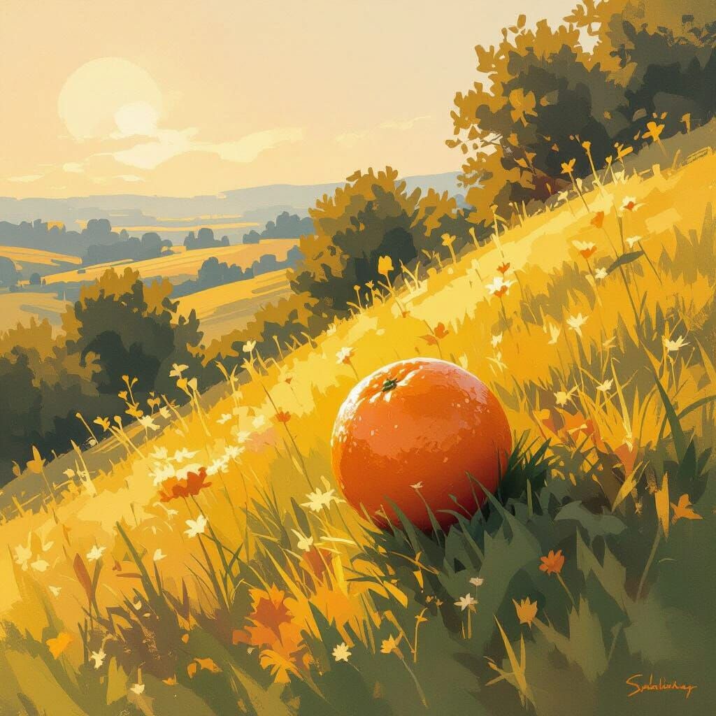 Orange Rolling Downhill as Impressionist Painting