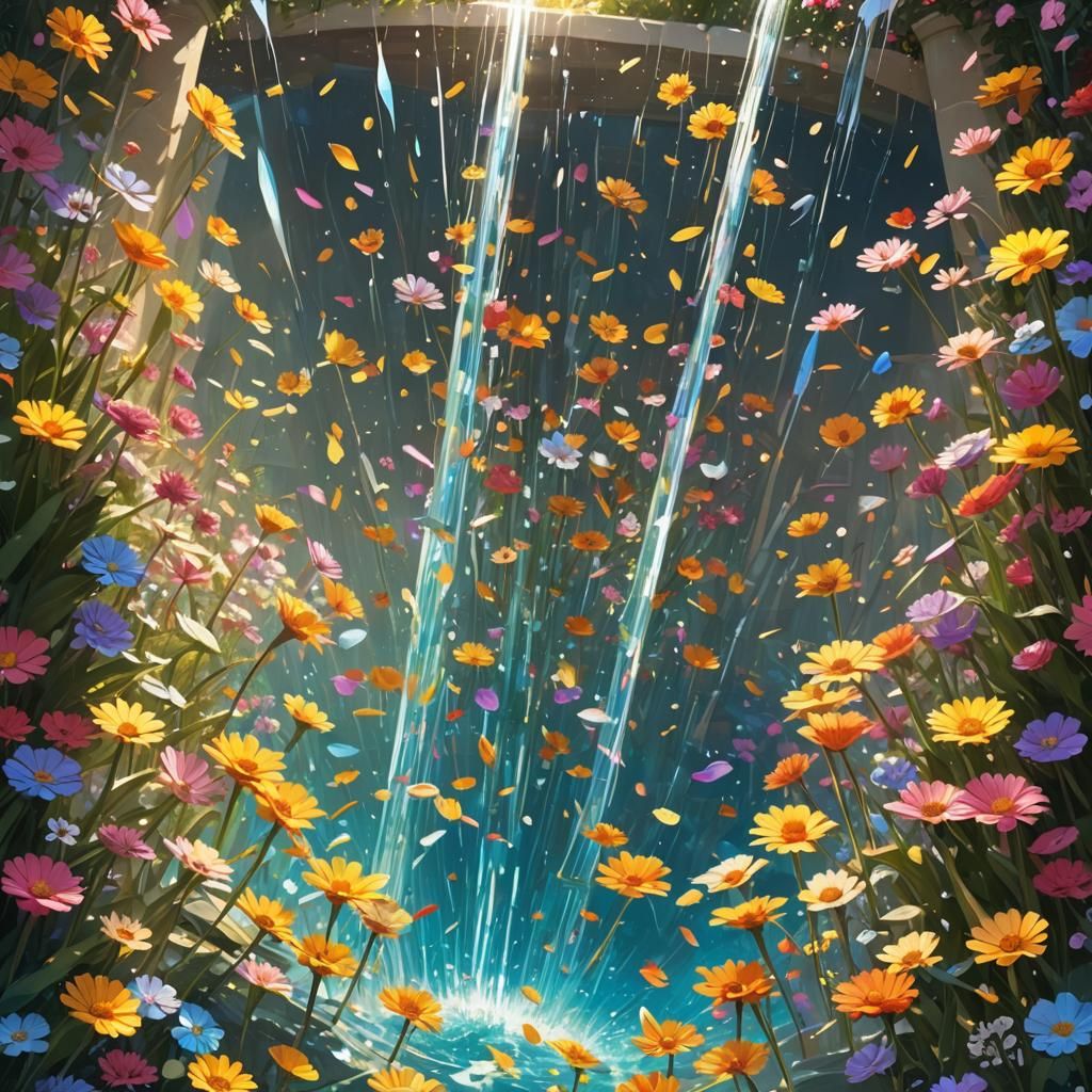 Vibrant Fantasy Landscape with Iridescent Swords and Flowers