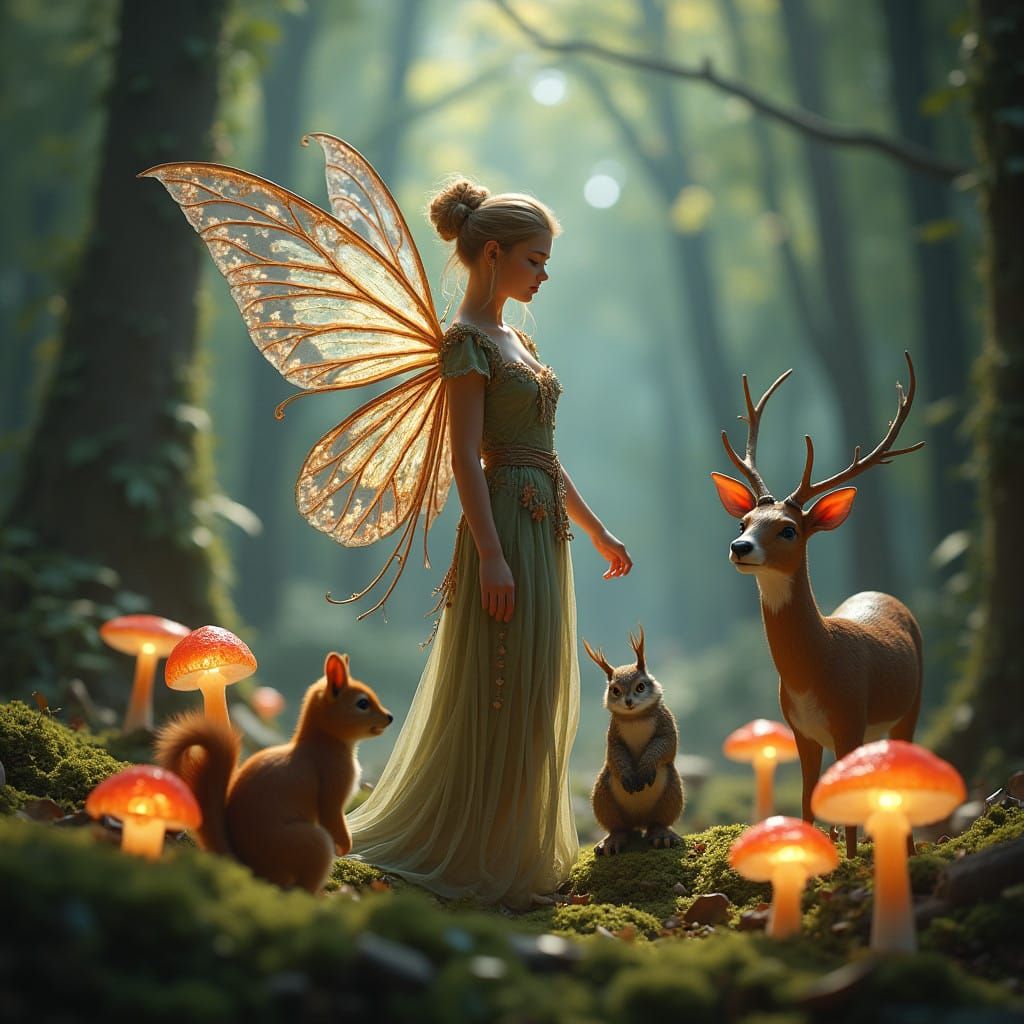 Mystical Fairy in Lush Woodland Scene with Whimsical Creatur...