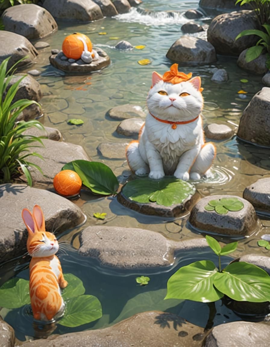 Orange Cat Relaxing in Onsen Hot Spring