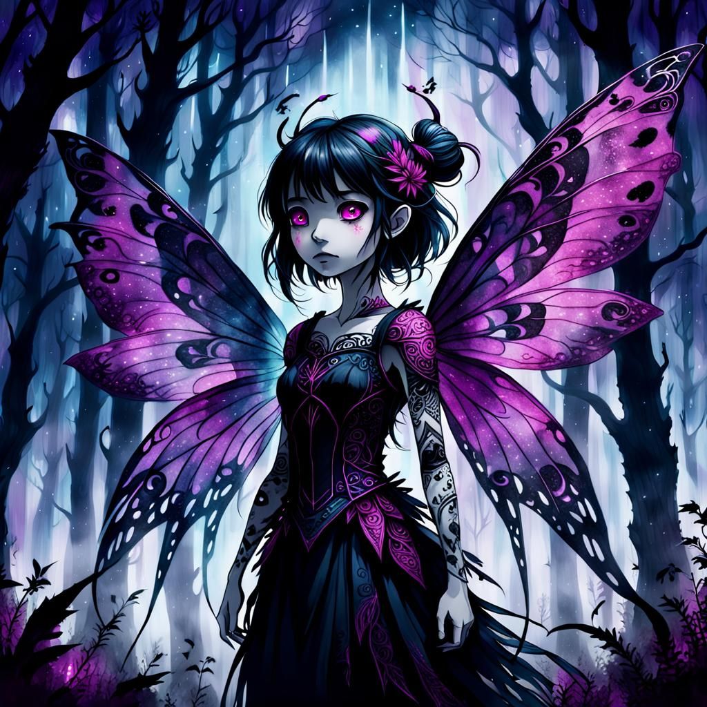 Dark Fantasy Fairy in Ghibli-Style Anime Forest