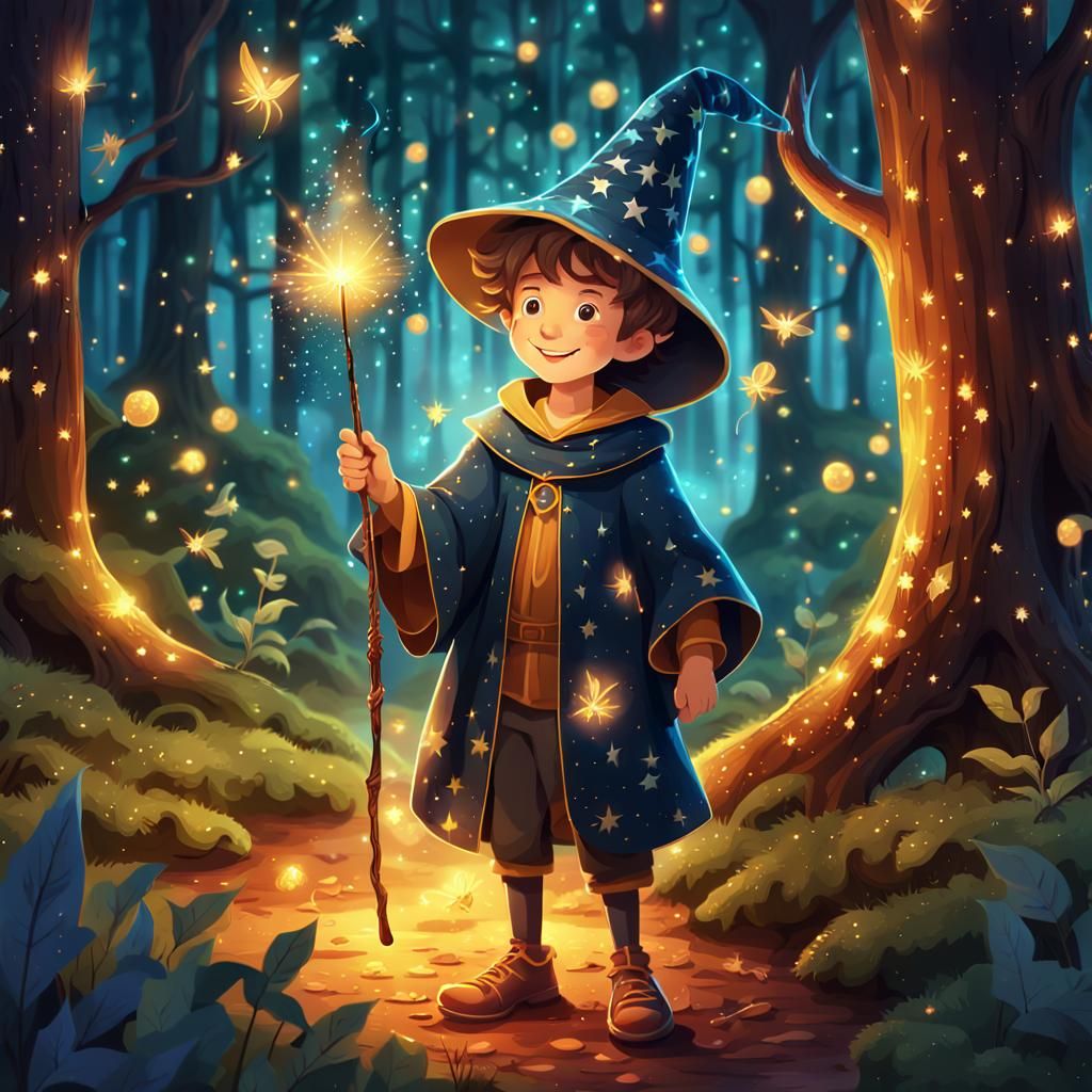Young Wizard in Fantasy Forest: Digital Illustration