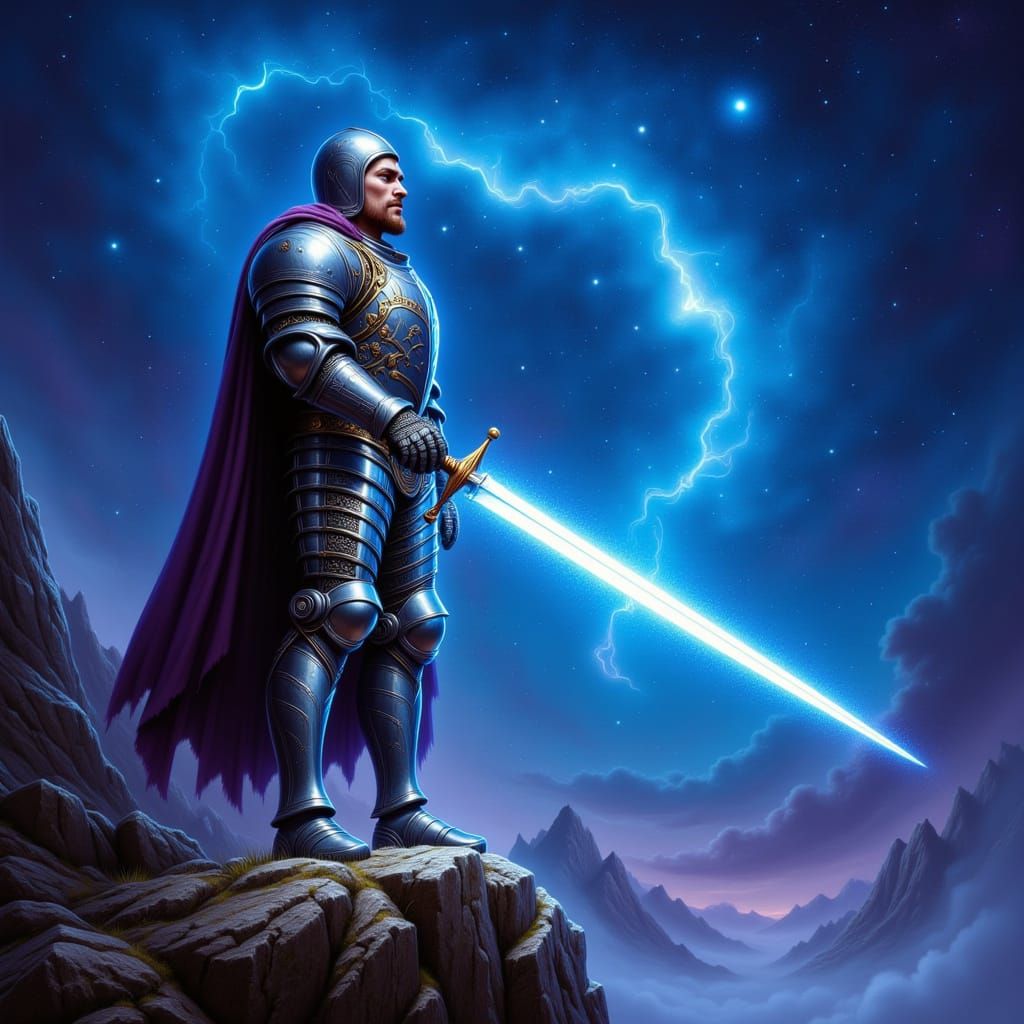 Knight with Glowing Sword on Precipice in Starry Sky