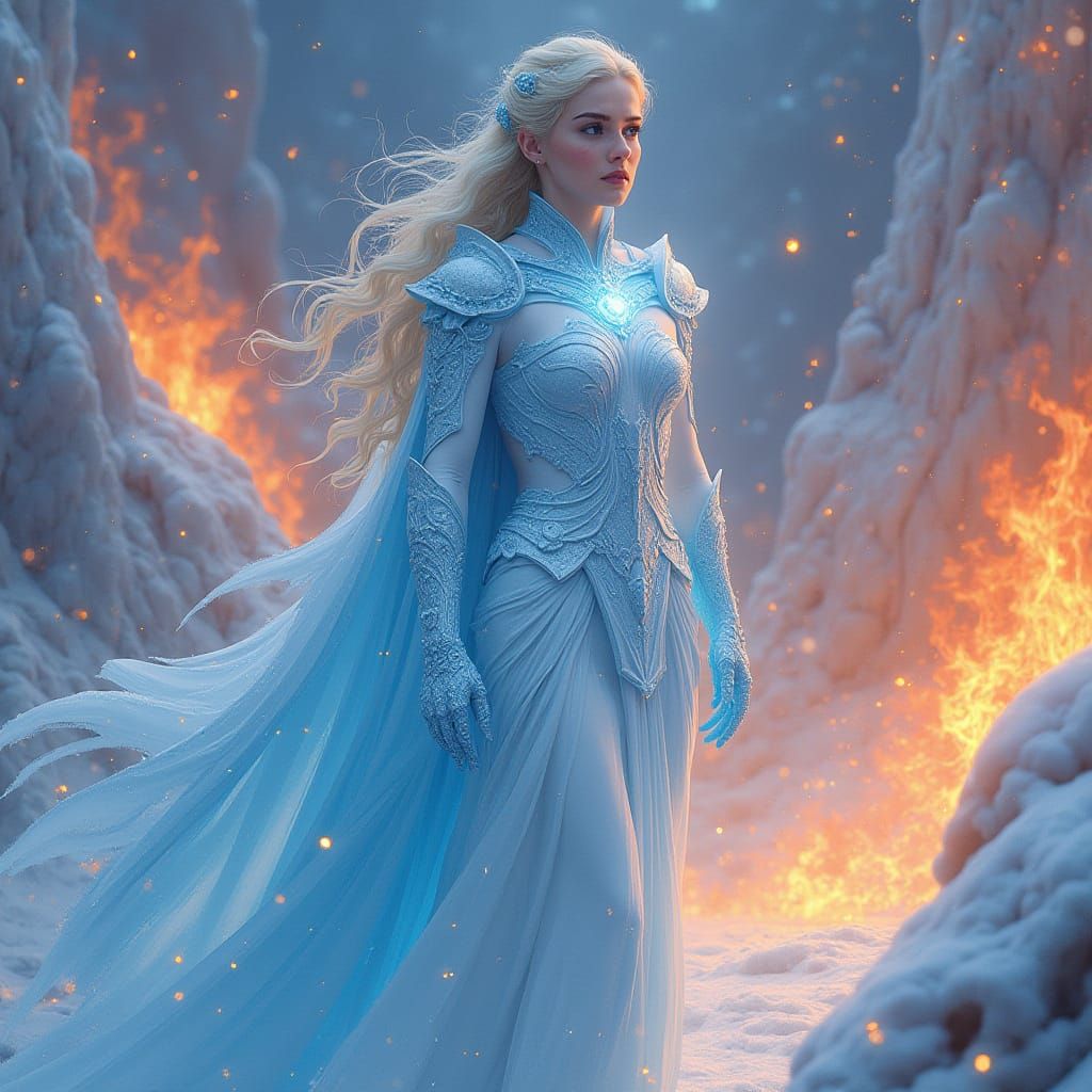 Ice and Fire Goddess in Mystical Landscape