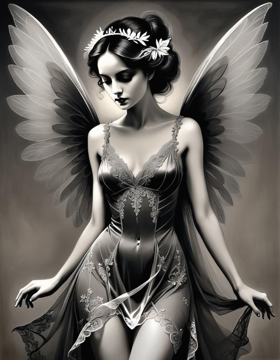Fairy with Lace Wings in Charcoal Drawing Style