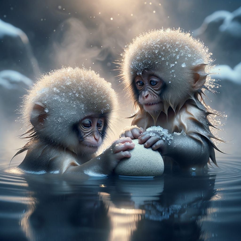 Baby Snow Monkeys Relax in Hot Springs