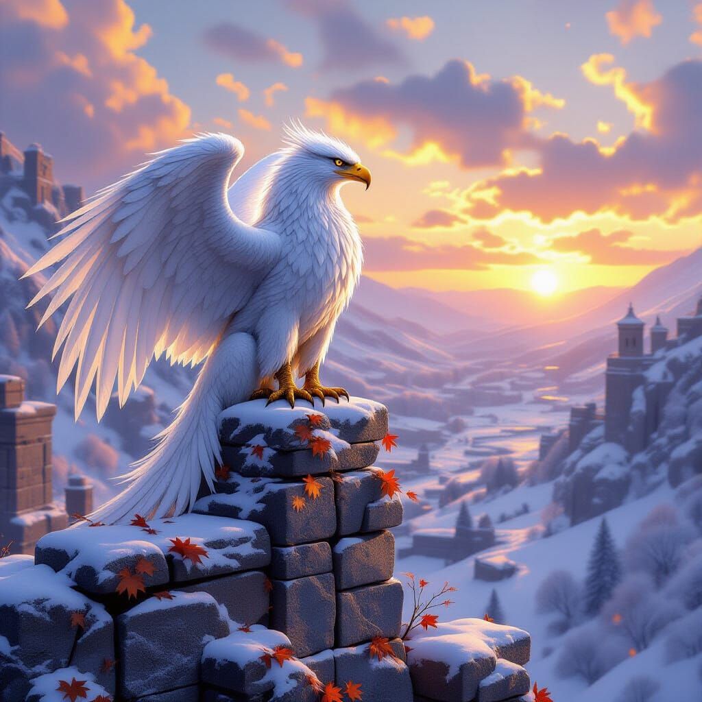 Majestic Frost Griffin on Ancient Ruins at Autumn Sunset