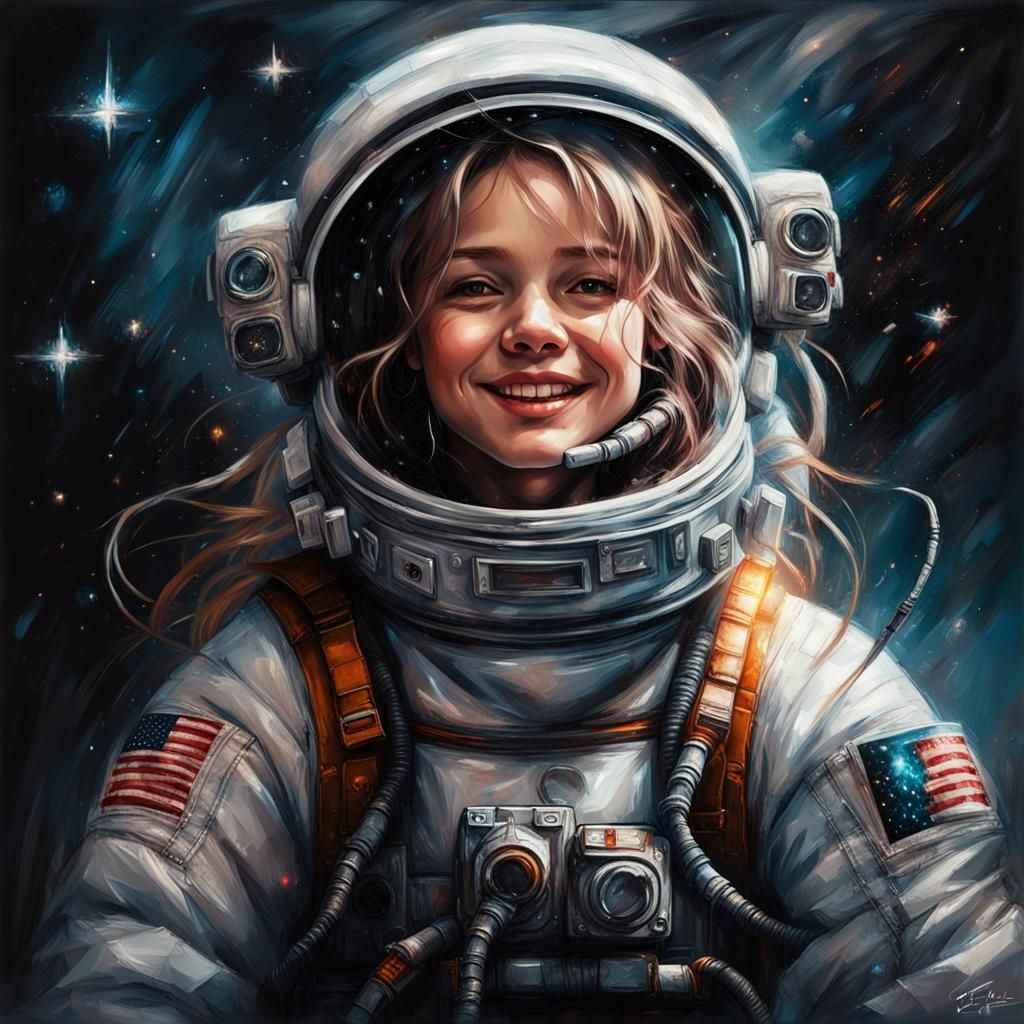Happy Astronaut Girl in Space, Photorealistic Oil Painting
