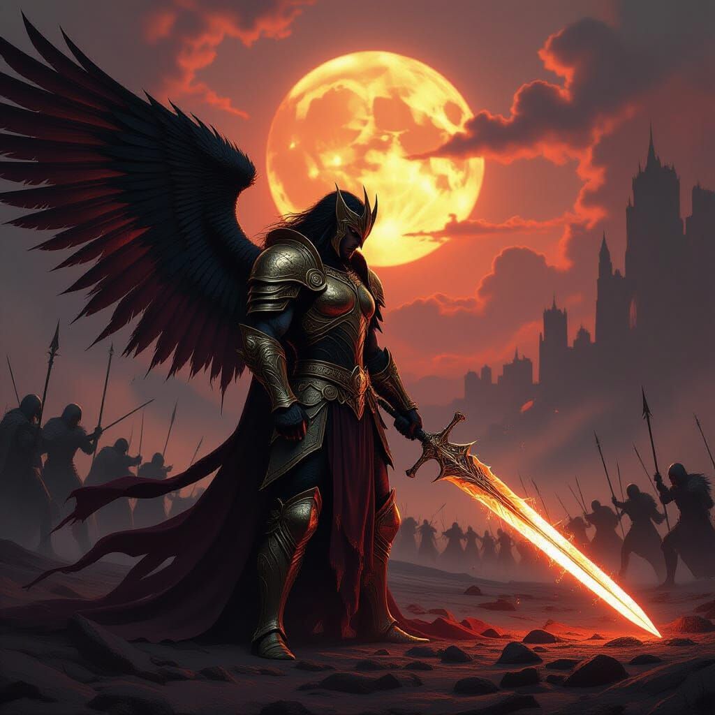 Golden Warrior on Desolate Battlefield in Epic Fantasy Style