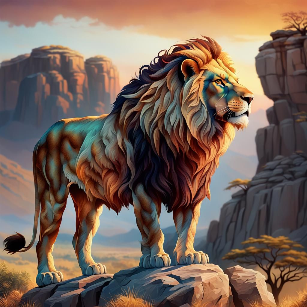 Majestic Lion Overlooking Savanna at Sunset