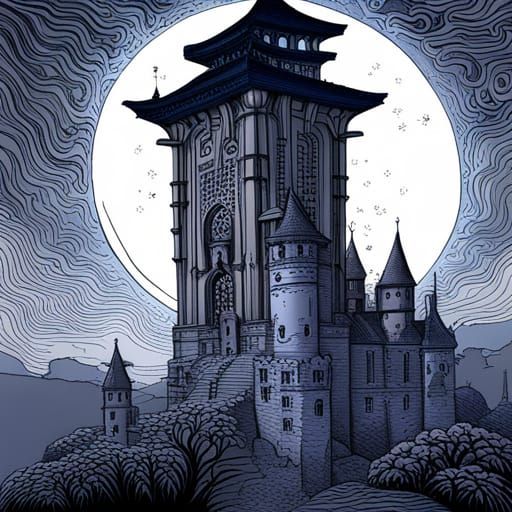 Ancient Castle Under Full Moon in Art Nouveau Style