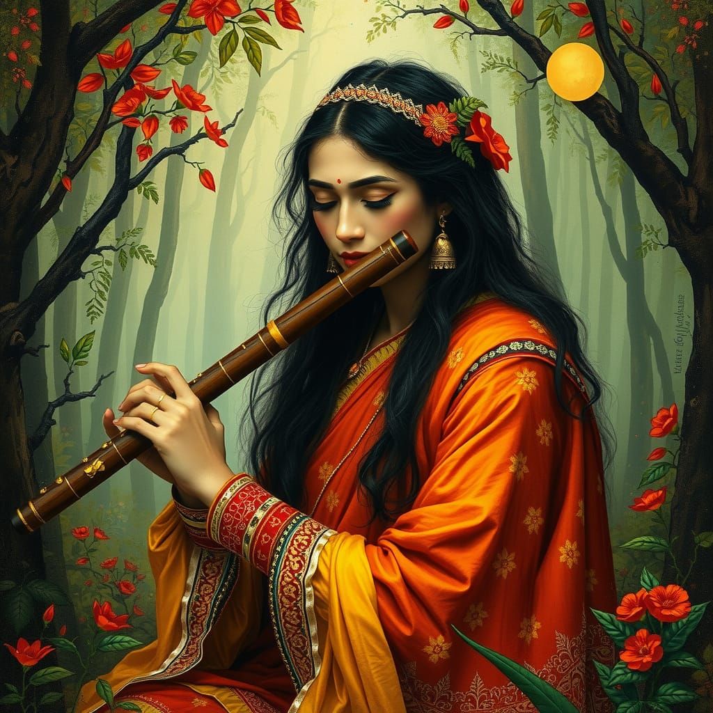 Nepali Woman Plays Flute in Magical Forest Painting