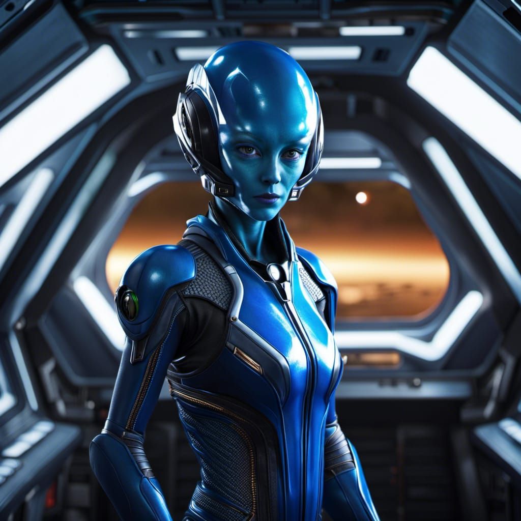 Photorealistic Blue Alien Woman in Spaceship