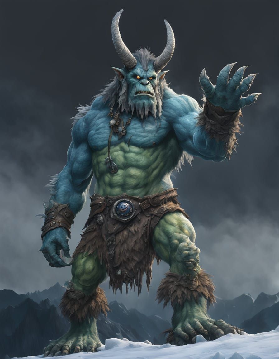 Hyper-Realistic Frost Troll in a Majestic Mountain Landscape