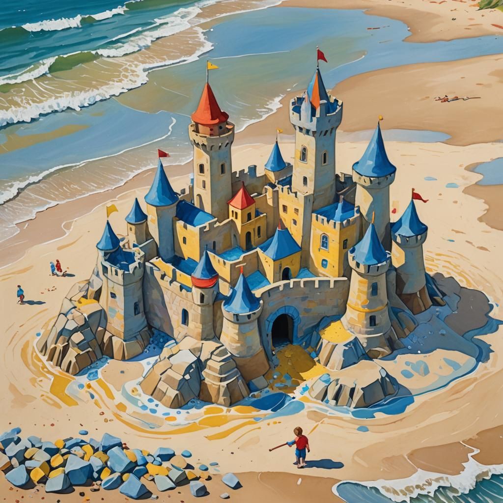 Child's Sandcastle: Gouache Painting in Impressionist Style