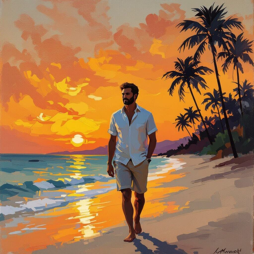 Beach Sunset Silhouette in Impressionistic Style