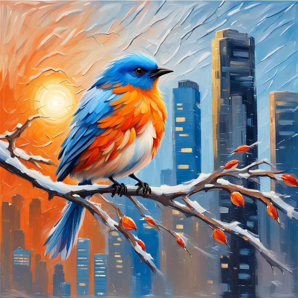 Blue Bird on Icy Branch: Impasto Painting
