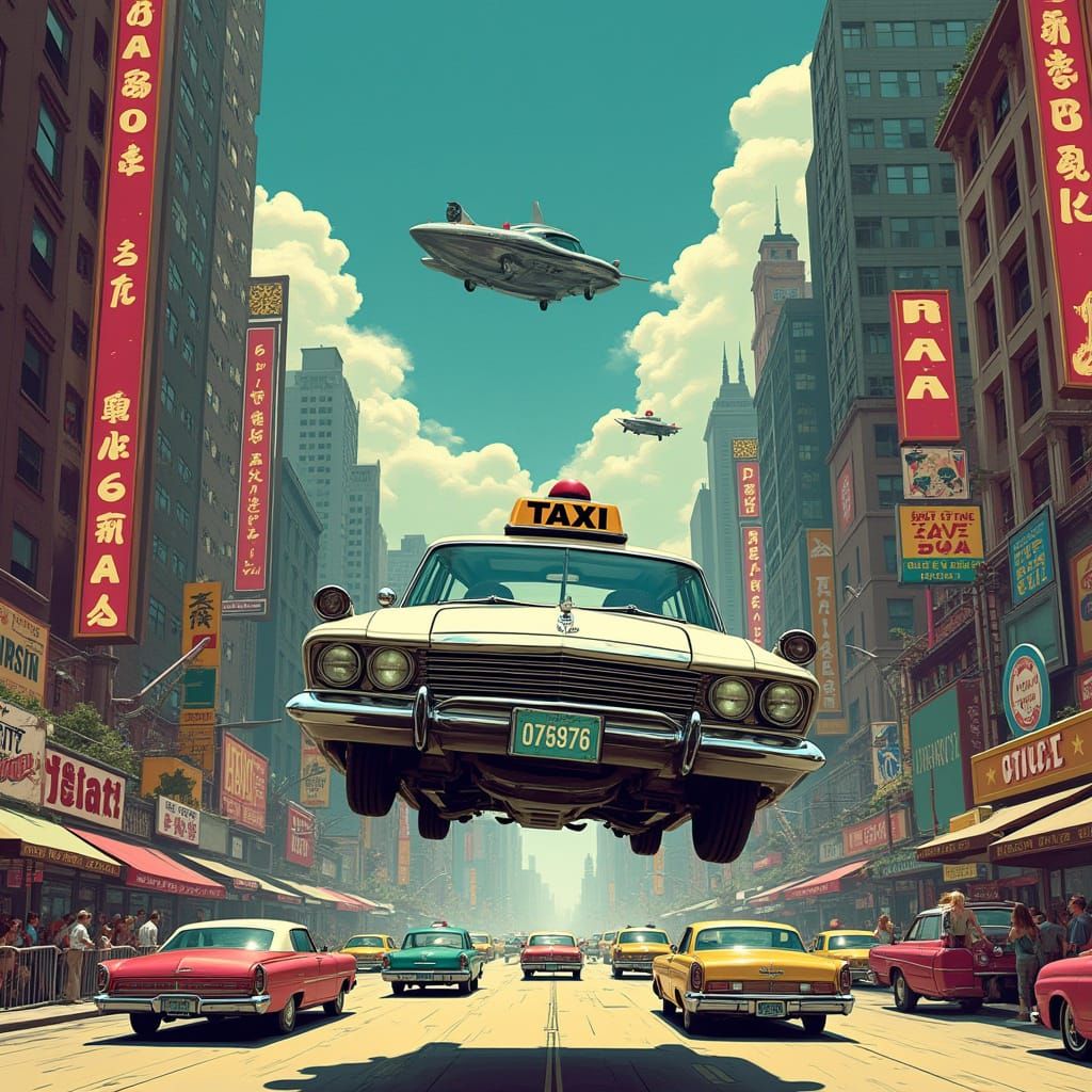 Retrofuturistic Cityscape in Classic Comic Book Style