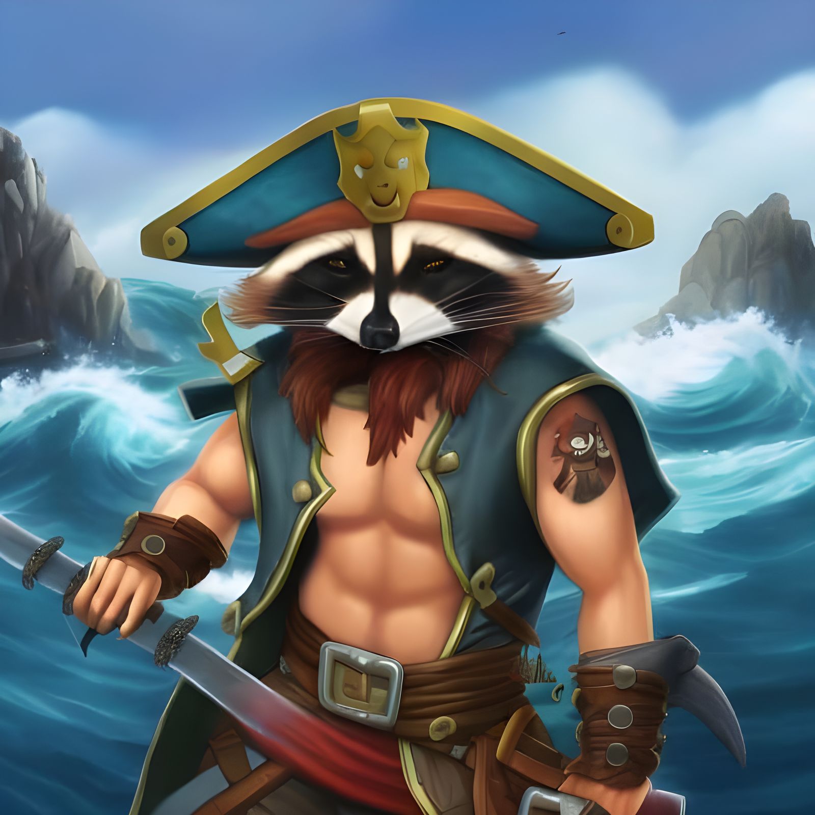 Villainous Racoon Pirate with Saber on Choppy Seas