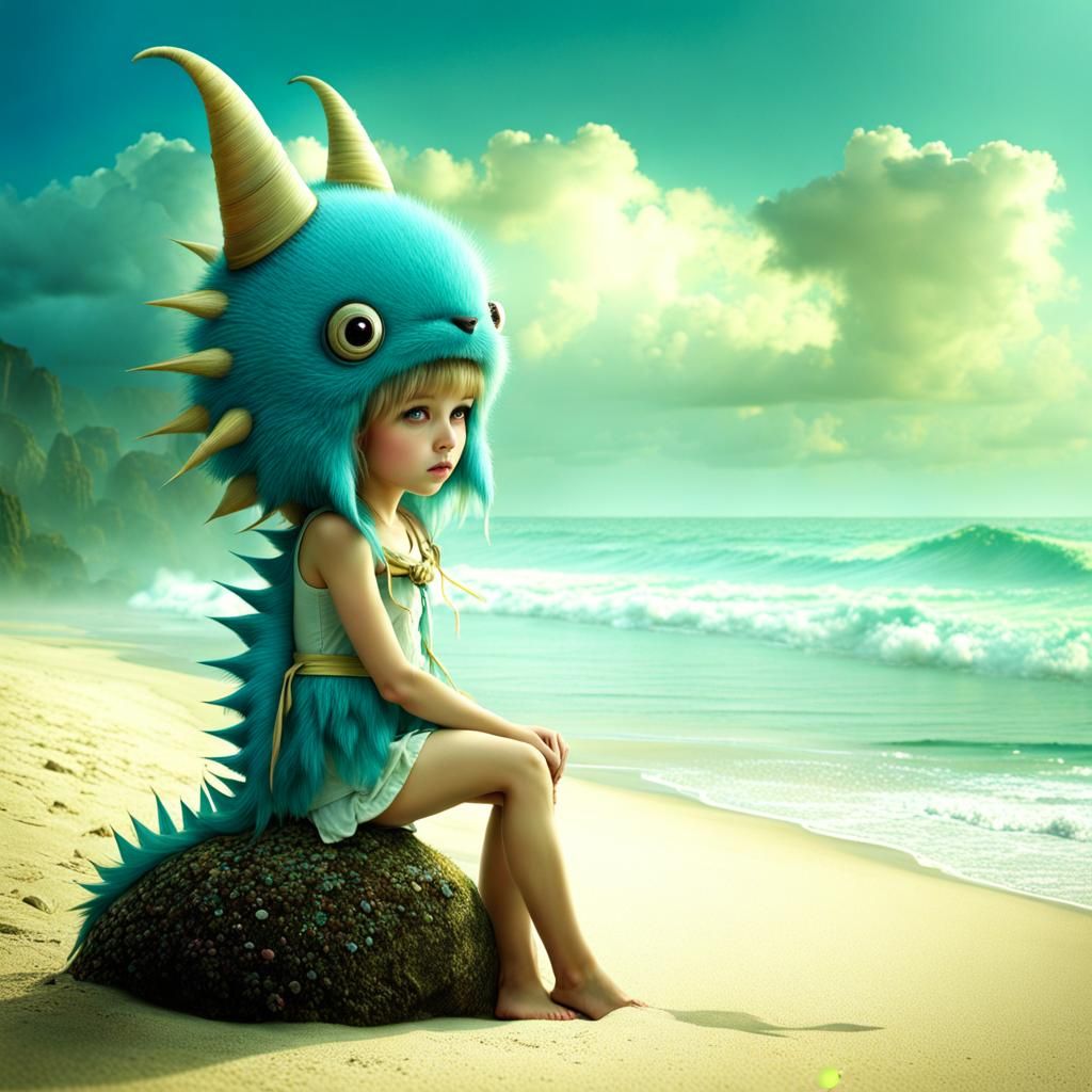 Surreal Shore Scene with Cute Monster Girl