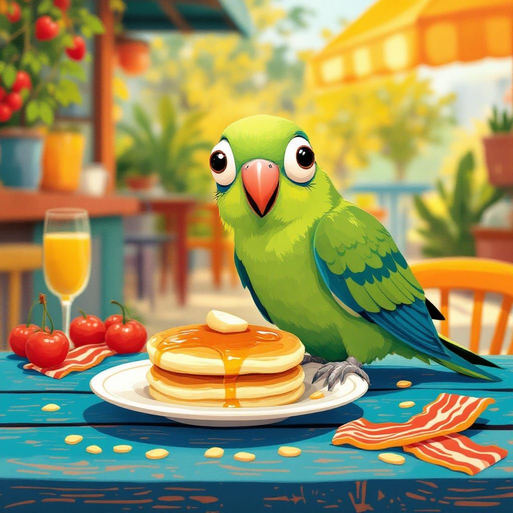 Green Parakeet's Breakfast: Pancakes and Bacon