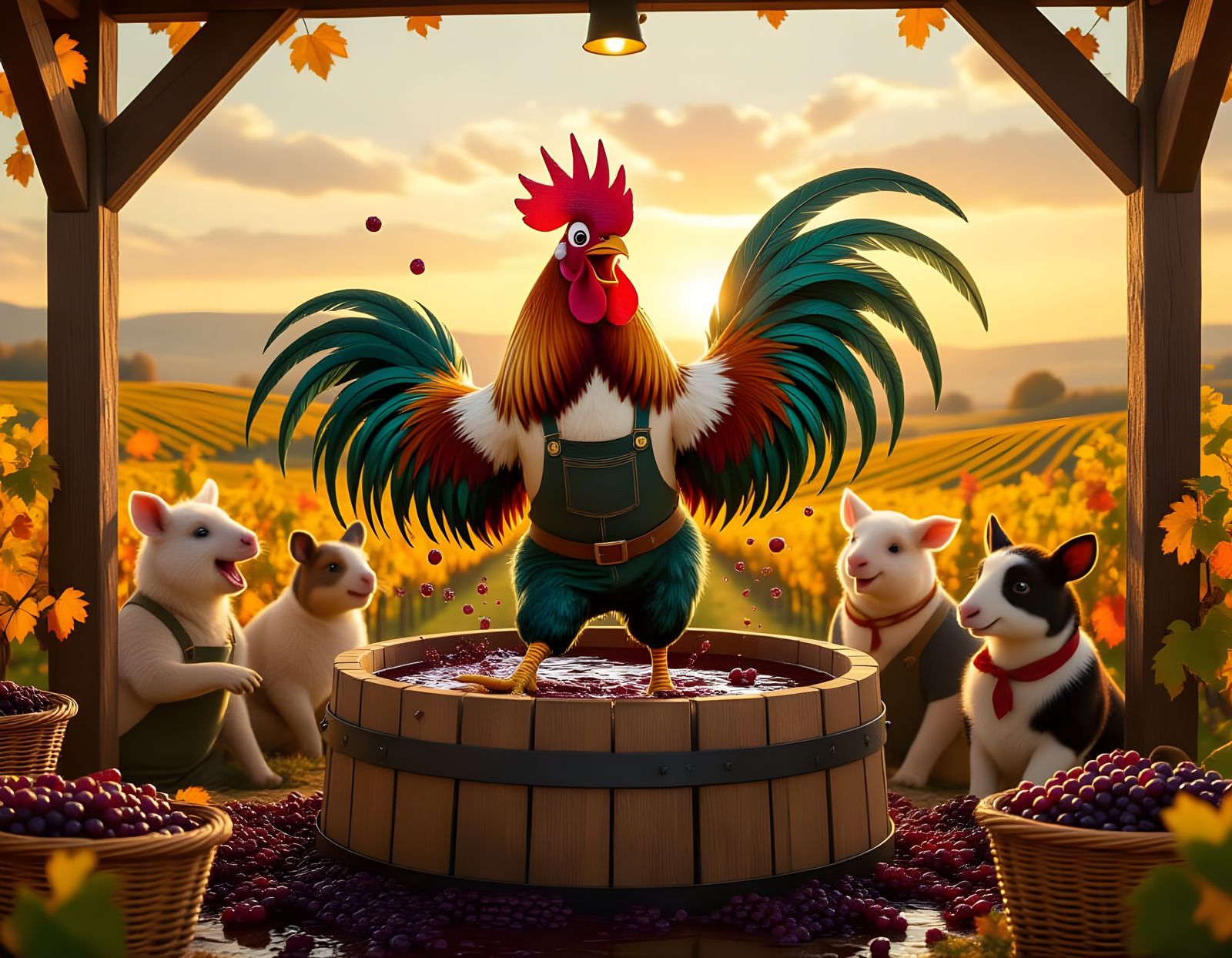 Anthropomorphic Rooster Makes Wine in Autumn Harvest Celebra...