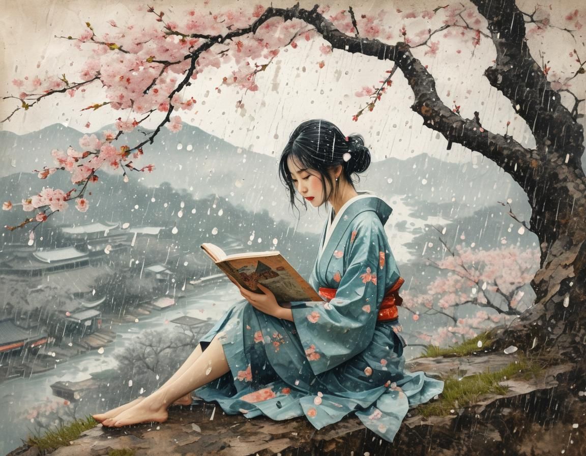 Japanese Girl Reading Under Cherry Blossom Tree
