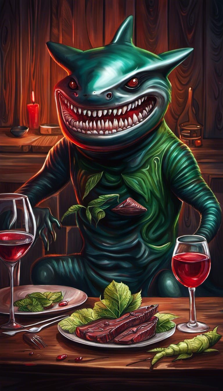 Sinister Shark-Insect Alien with Bloody Steak