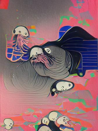 Neon Walrus in Goth Ukiyo-e Style