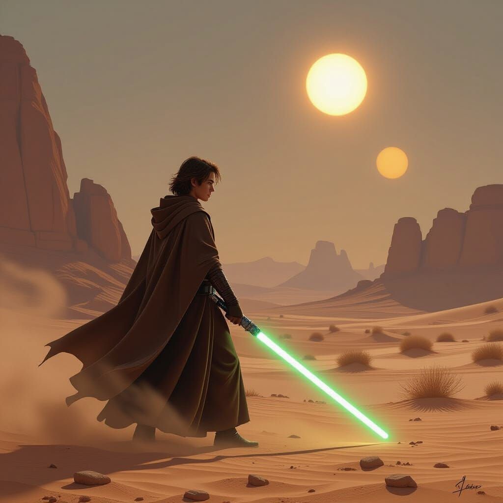 Jedi Knight on Desert Planet with Twin Suns
