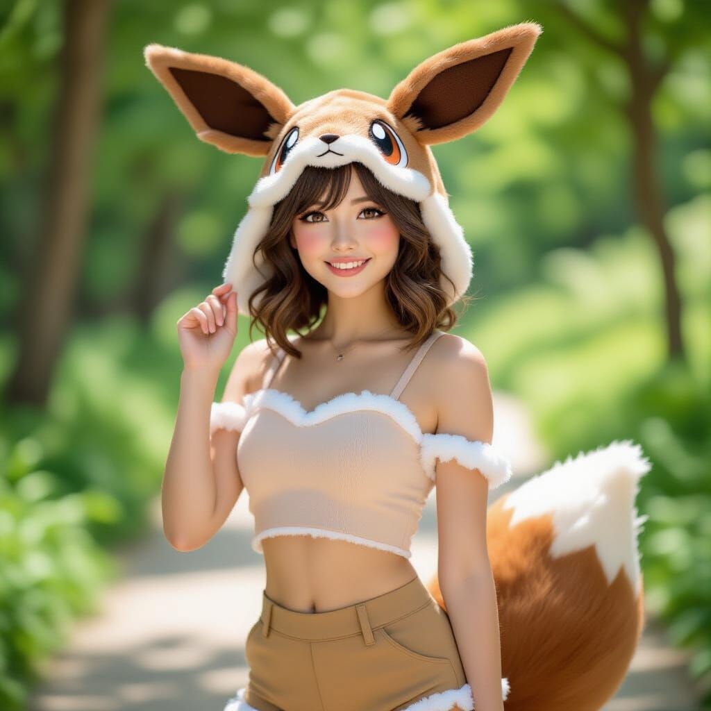 Cute Woman Cosplaying Eevee in Sunny Meadow