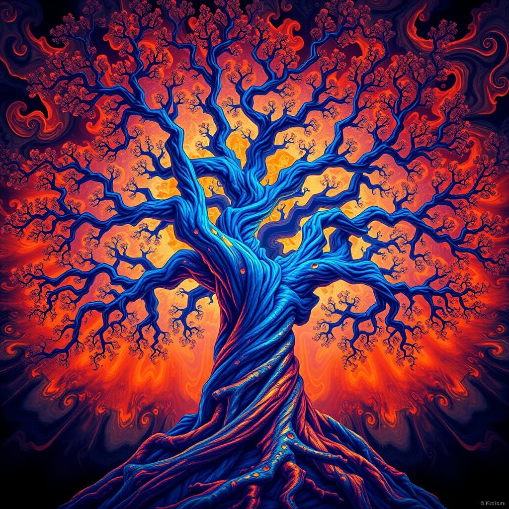 Electric Blue Fractal Tree in Vibrant, Ancient Style