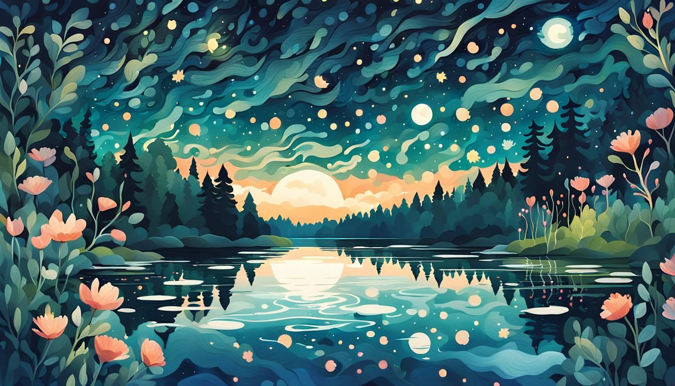 Serene Swedish Lake: Midsummer Night Illustration