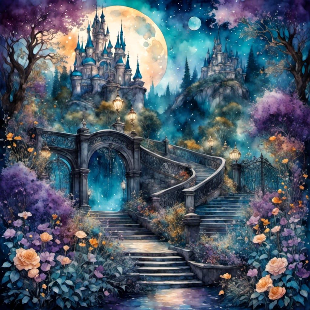Mysterious Castle Garden at Night in Watercolor