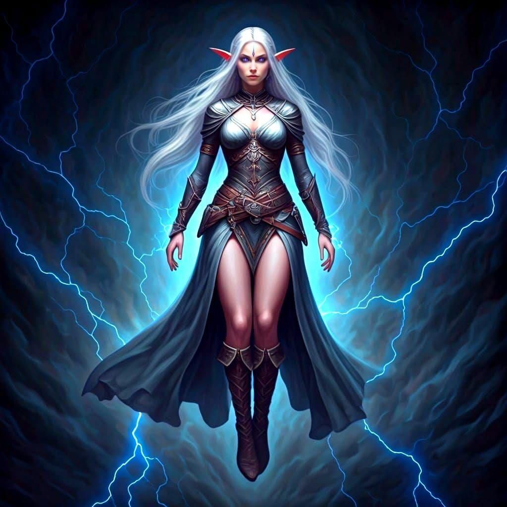 Enchanting Elf in Lightning Storm, Oil Painting
