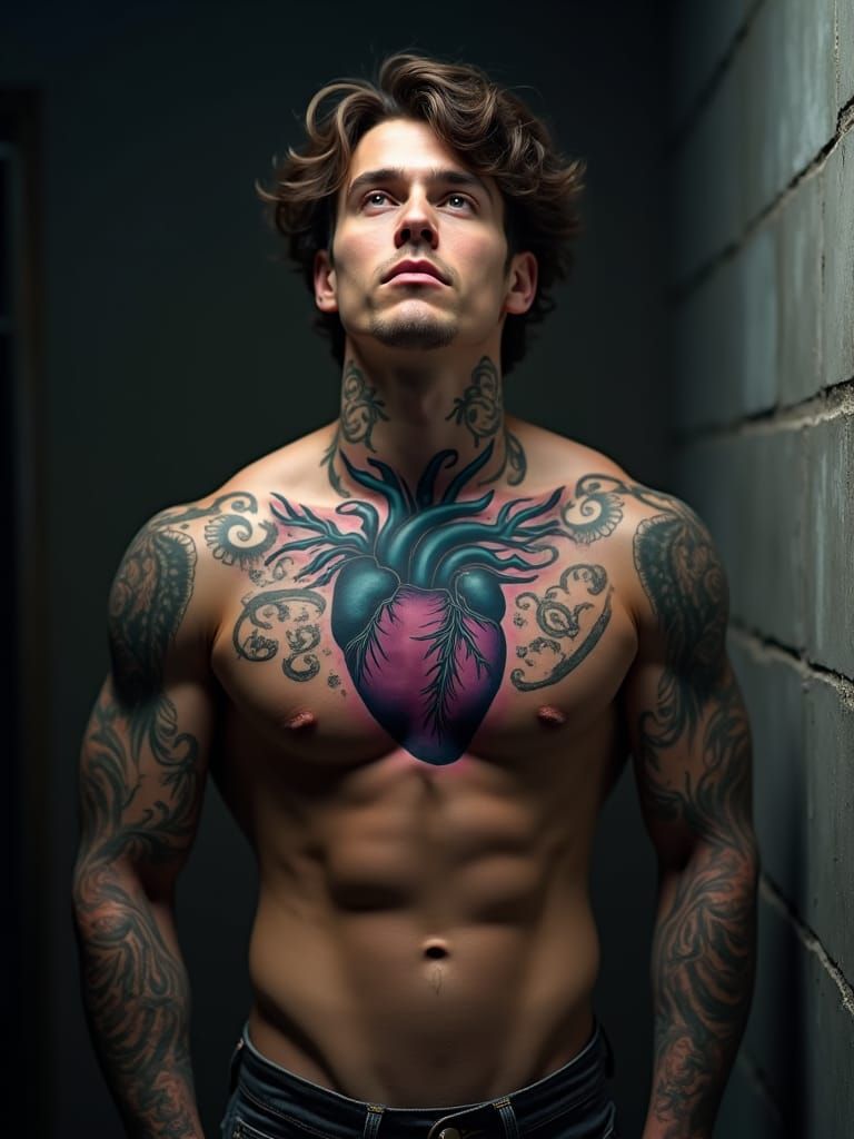 Muscular Bodybuilder with Musical Tattoos, Detailed Matte Pa...
