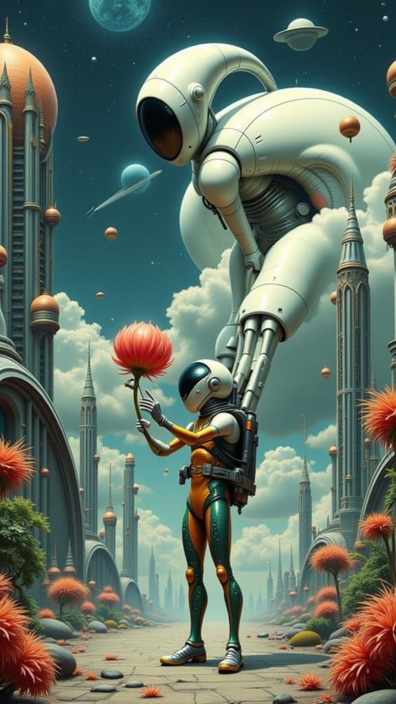 Astronaut Meets Alien in Futuristic Green World