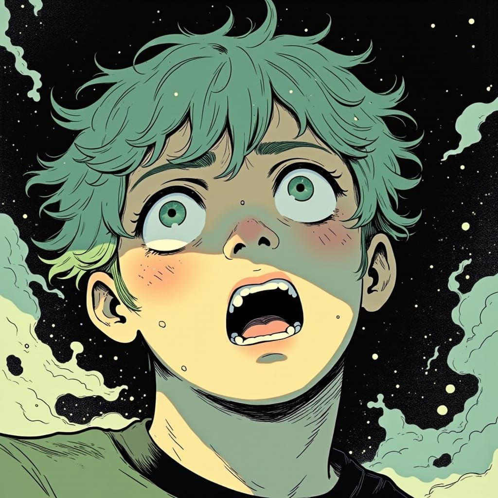 Young Man's Terror-Filled Face in Dark Manga Style