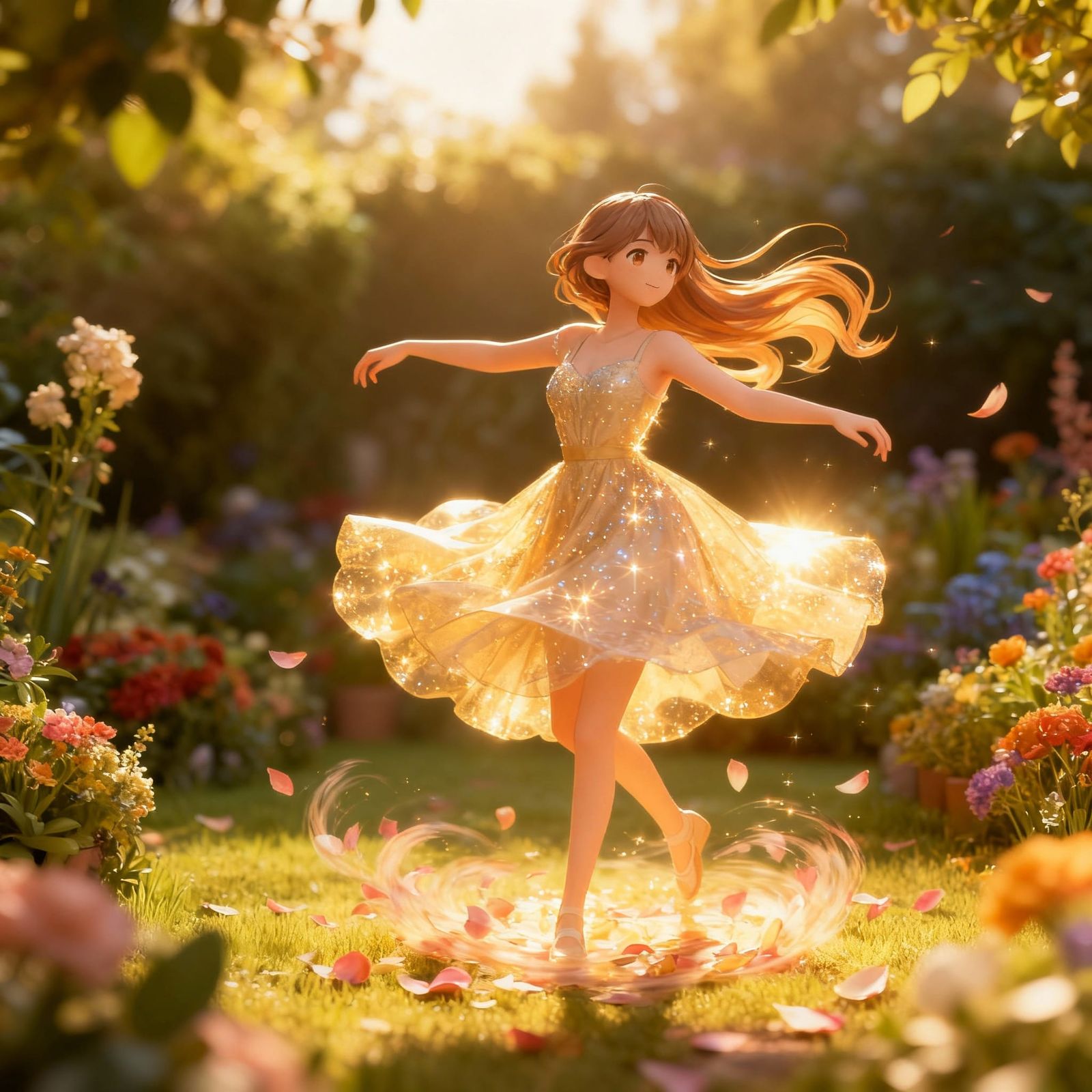 Girl Dancing in Sunlit Garden with Swirling Petals
