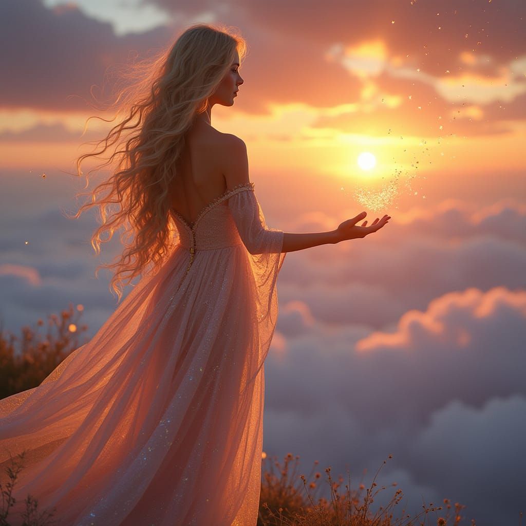Goddess of Dawn in Iridescent Gown, Poised at Horizon's Edge