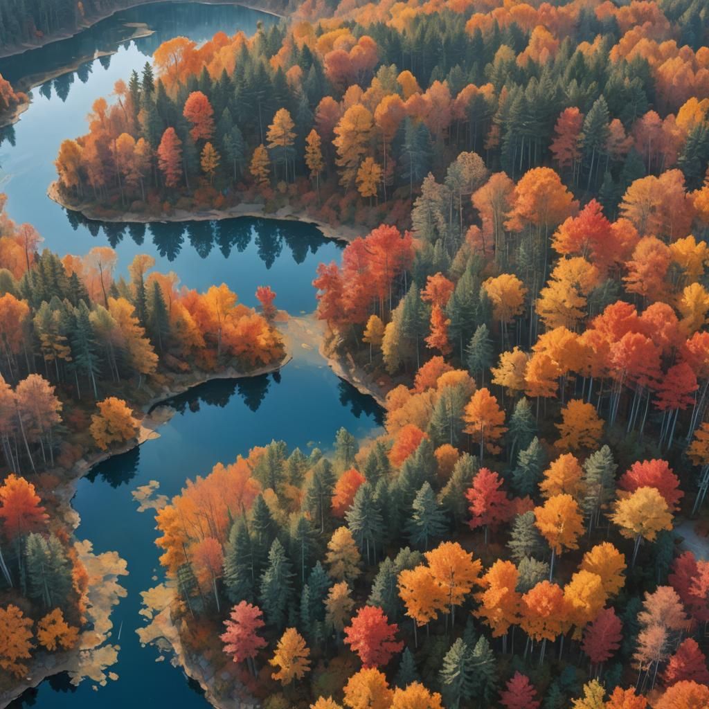 Breathtaking Aerial View of Autumn Forest and Lake