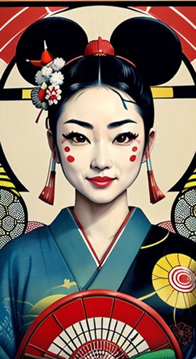 Geisha with Mickey Ears in Pop Art Style