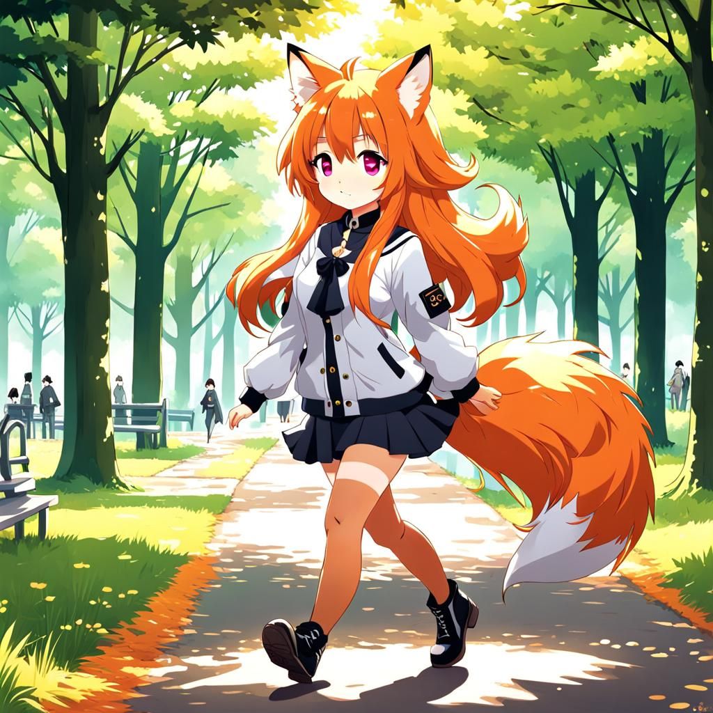 Anime Fox Woman Walking in Park